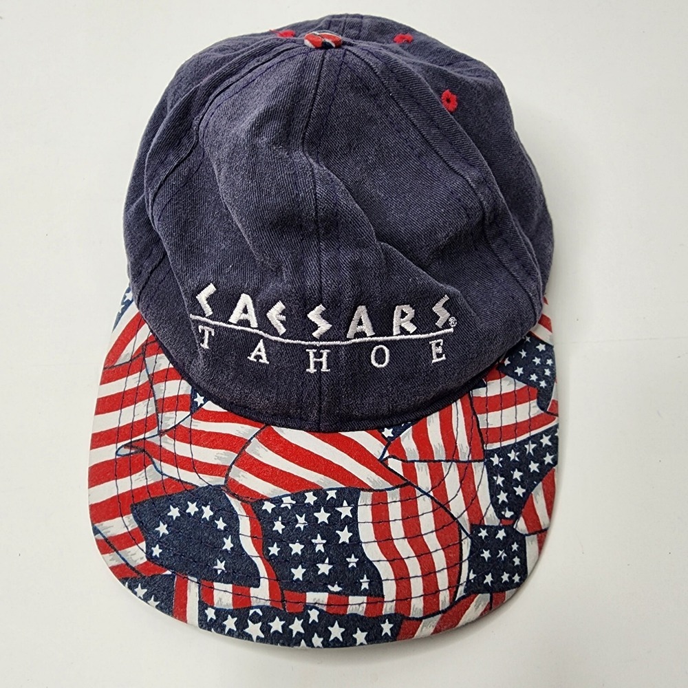 Vintage Caesars Tahoe Adjustable Hat Cap American Flag Navy Blue Made In USA